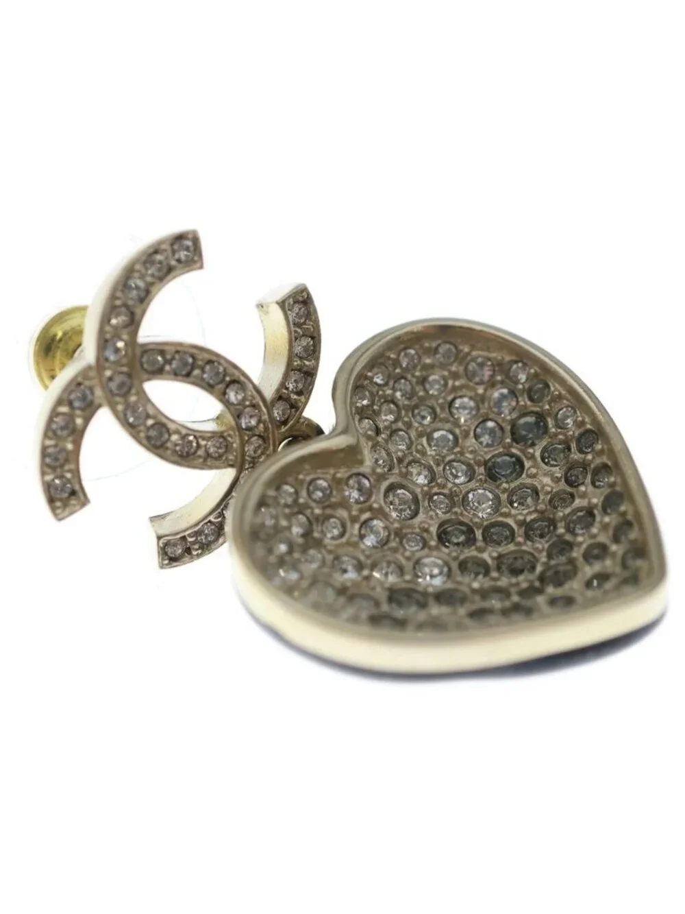 Chanel CC Logo Heart Rhinestone Earrings Gold Black